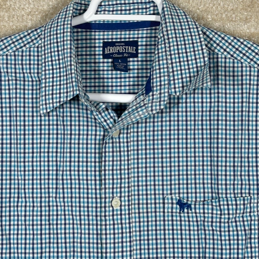 Aeropostale Mens Preppy Classic Fit Gingham Button Down Shirt Blue Large Cotton